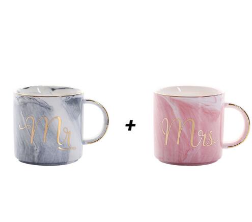 380ml Marble Ceramic Mug Travel Coffee Mug Milk Tea Cups Mr and Mrs Mugs Pink Gold Inlay Breakfast Home Decor: 2pcs