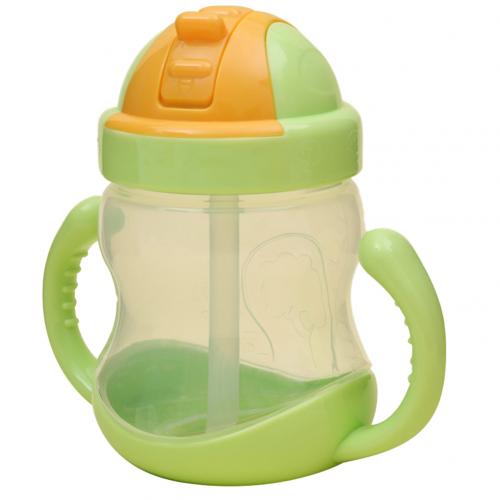 280 ml fodringsflasker med brede mundkopper tæthedsstrå suges vand med håndtag mælkesilikone babyer, der drikker træning: Grøn