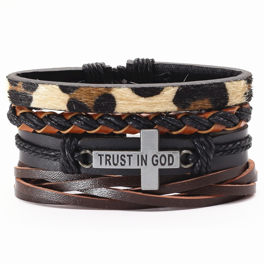 Vertrouw op god, jezus, wwjd, khaki, faith punk, 4 stuks/set, vintage, zwarte kralen, bijbel, leren armbanden, herenarmbanden, dames, herensieraden