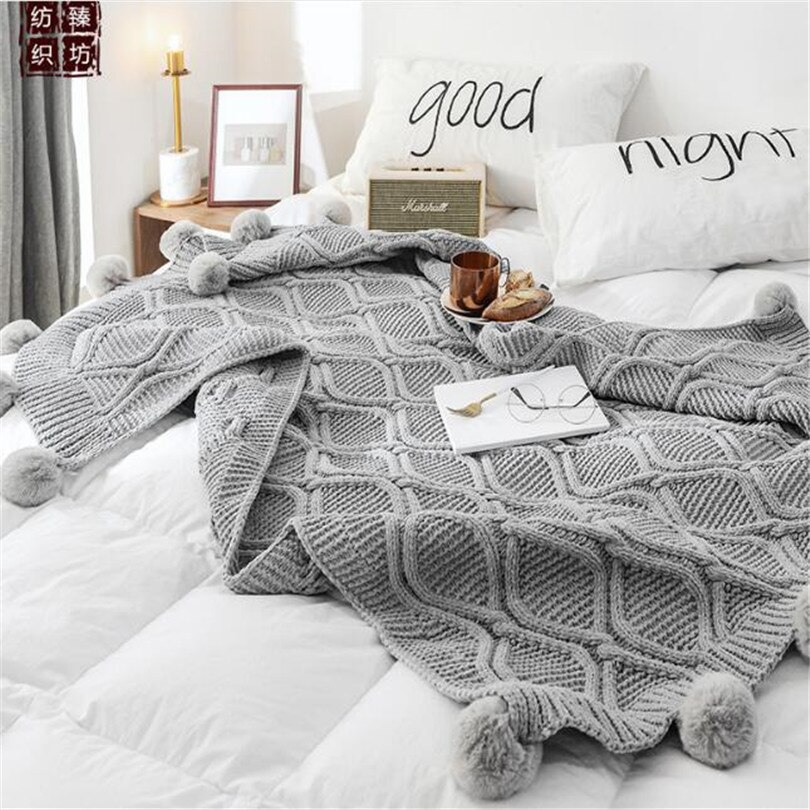 Gestrickten Decke Sofa Werfen Decken Baumwolle Pompom Baby Decken Häkeln Decke Für Bett Sofa Abdeckung Gestrickte Teppich 160*130cm