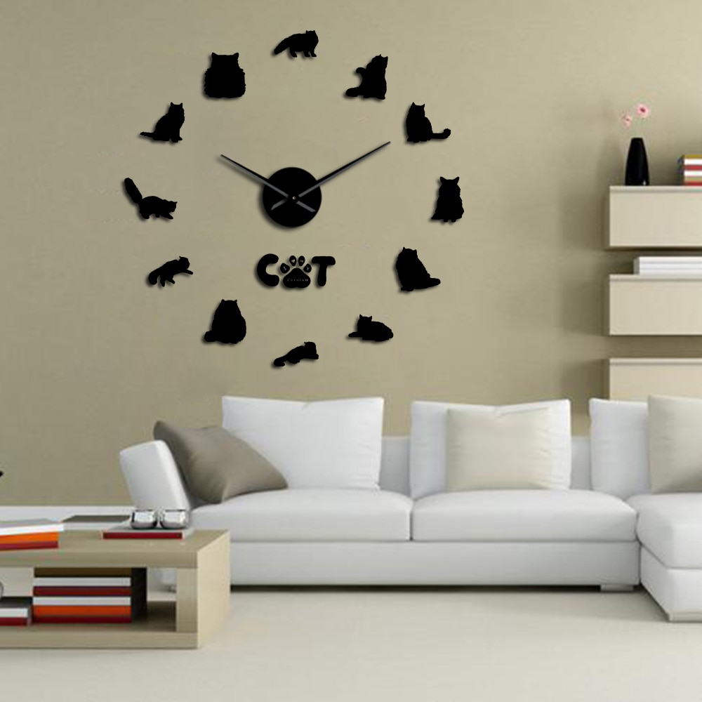 Persian Cat Large DIY Wall Clock Persian Longhair Cat Breeds Silent 3D Wall Watch with Iranian Shirazi Cat Kitty Mirror Stickers