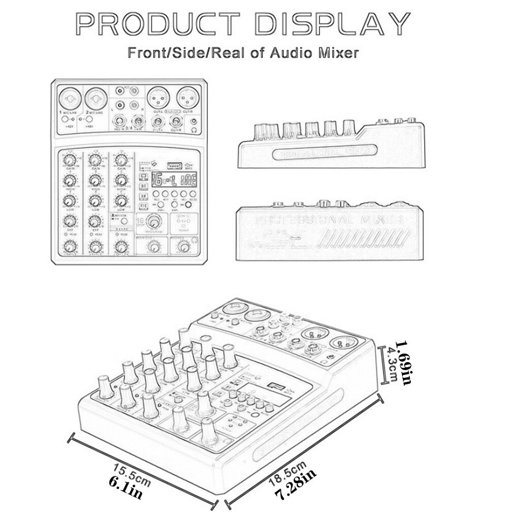 Protable Mini Mixer Audio DJ Console 4-channel with Sound Card, USB, 48V Phantom Power for PC Recording Singing Webcast Party