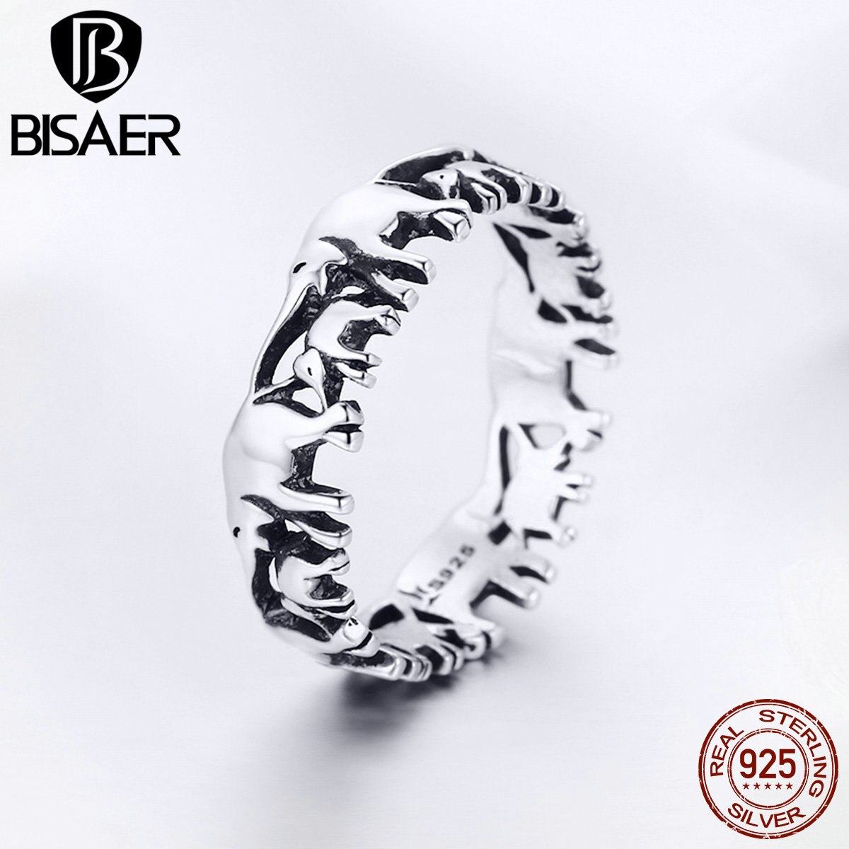 BISAER 925 Sterling Argento Anel Partito Vintage Silver Ring Animale Impilabile Elefante Delle Donne Anello di Barretta Dei Monili di Cerimonia Nuziale ECR344