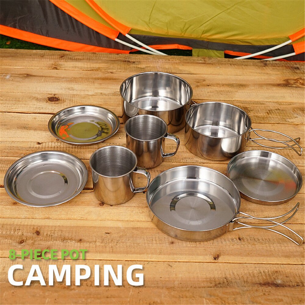 8 Stks/set Outdoor Pot Kom Kit Draagbare Kookgerei Set Roestvrij Staal Servies Gebruiksvoorwerpen Voor Camping Picknick Keuken Accessoires