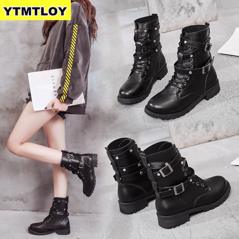 botas de tobillo de de invierno de cuero Pu para mujer zapatos de trabajo de punta redonda de encaje negro para mujer botas de encaje negro Botas femenina
