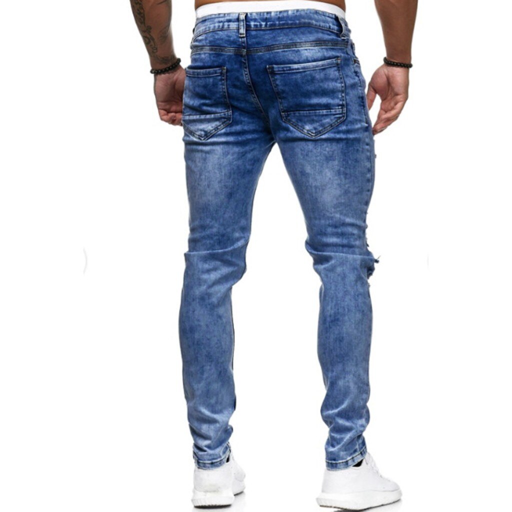 Men's Zipper Stretch Ripped Jeans Men's Denim Hole Trouser Distressed Jeans Long Pencil Pants Streetwear#g30