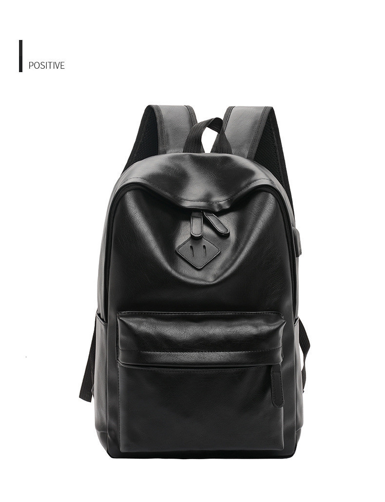 Mochila masculina casual de couro pu, bolsa de ombro para homens, viagem, preta, para adolescentes, com carregamento usb, anti-roubo: black2