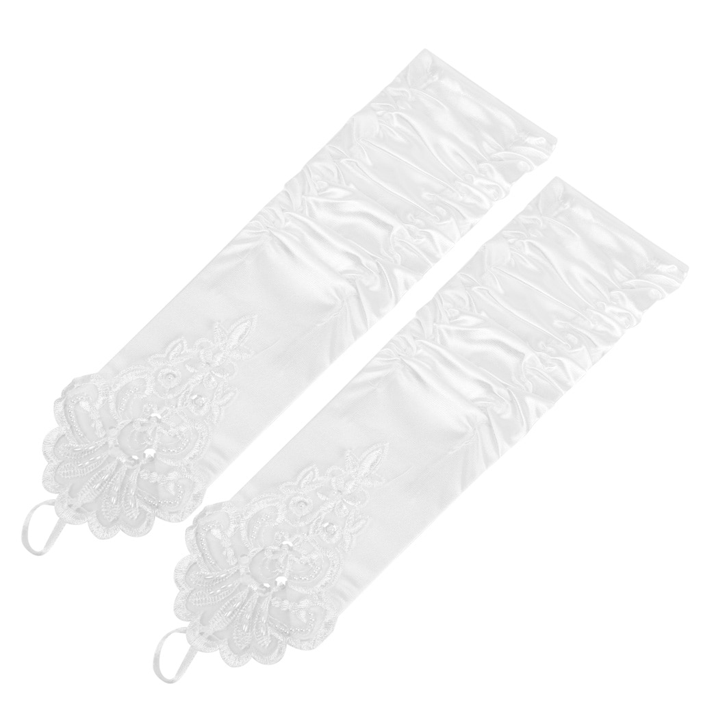 Paar Hochzeit Kleid Abend Abendkleid Satin- Lange Braut Finger Handschuhe Weiß