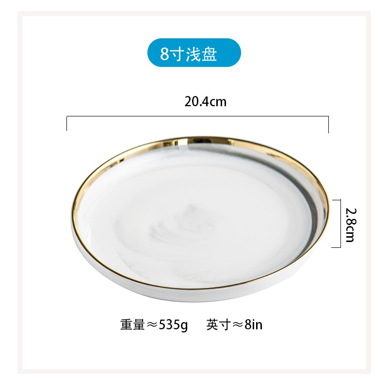 Or marbre assiette à dîner en céramique, assiette à salade de riz nouilles bol assiettes à soupe ensembles de vaisselle vaisselle outil de cuisine 1 pièce: 8 Inch Dish