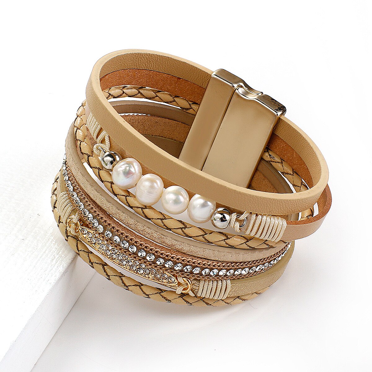 ALLYES Vintage Multilayer Leather Crystal Bracelet for Women Men Beads Pearl Charms Wrap Bracelets Femme Jewelry