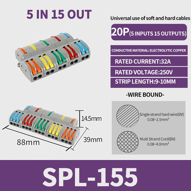 Conector de cableado rápido de salida múltiple, Cable de cableado divisor Universal, bloque de terminales de empuje, cableado rápido Universal SPL 222 23: Rojo / 1 P