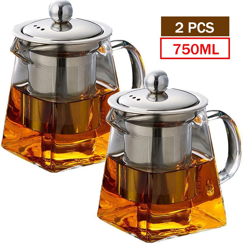 Tetera de café de vidrio resistente al calor, recipiente Infusor de acero inoxidable, calentador, tetera transparente, filtro cuadrado, cestas: 750ML 2PCS