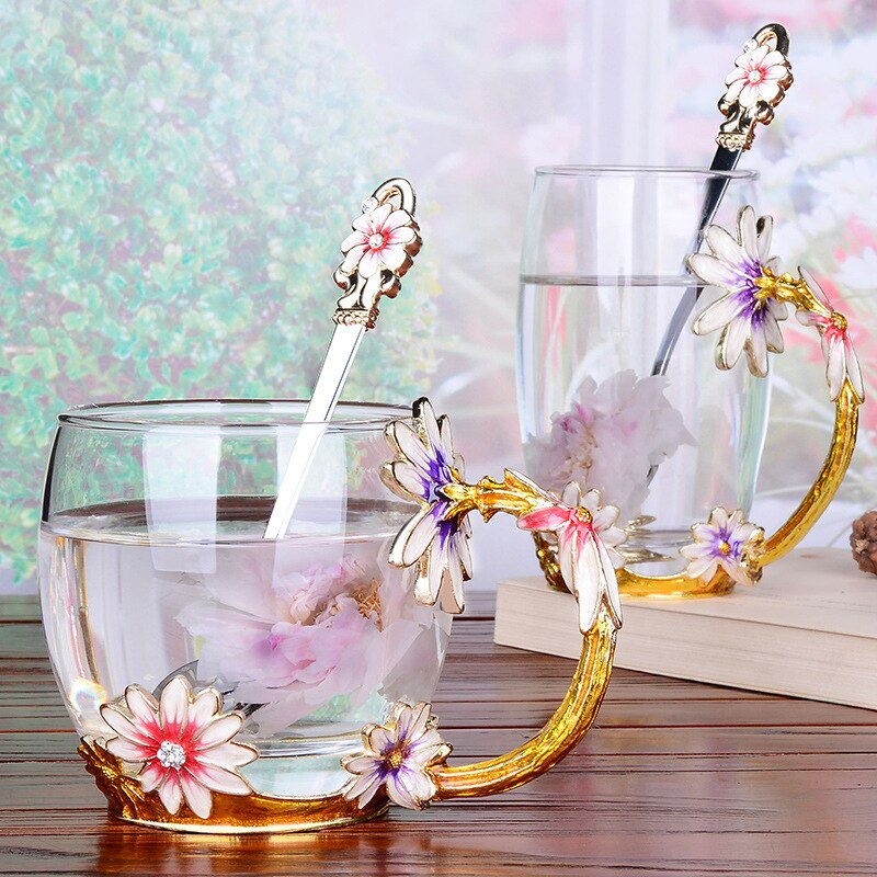 Fruktblomma te kopp emalj kopp hem kaffekopp flicka hjärta kristallglas fruktjuice koppblomma kopp