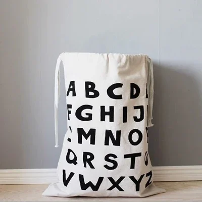 Grote katoenen en linnen waszak Kleding Speelgoed Opbergtas Bedrukte stof Trekkoord Plunjezak Vuile kleren Organizer Tassen: Light Grey