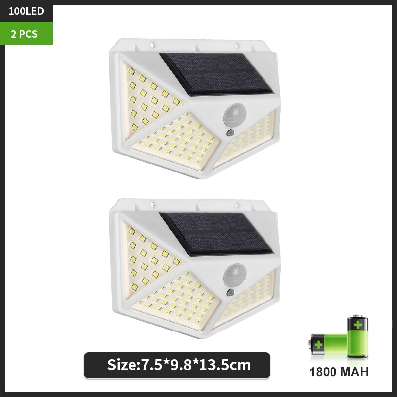 100 LED Solar Wall Lamp with 3 Modes for Outdoor Garden Decoration Human Body Induction Lighting Courtyard Sconce Lamp Fixtures: White-2 PCS / Cool White