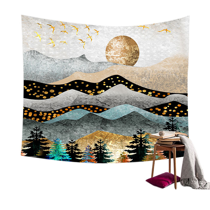 Art Deco Sun Moon Mountain Tapestry Forest Psychedelic Sun Moon Tree Mountain Tapestry Nordic Style Wall Hanging Room Home Decor