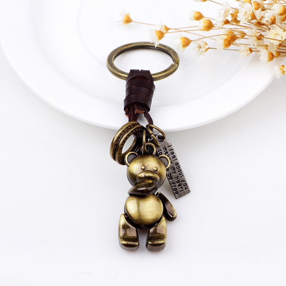Korean-style Teddy Bear Doll Keychain Alloy Retro Weaving Leather Rope Accessories Manufacturers Direct Selling Wholesa