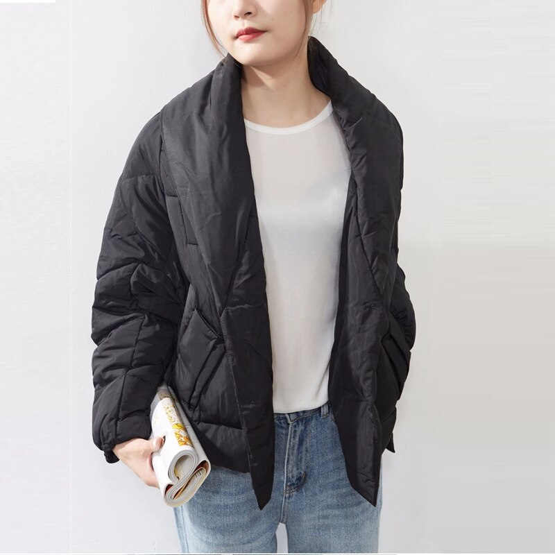 Tangada Women Solid Turn Down Collar Oversize Parkas Winter Female Coat Overcoat ATP5: 2406- Black / L