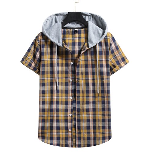 Hooded Checked Short-sleeved Shirts for Men and Women: Yellow / M
