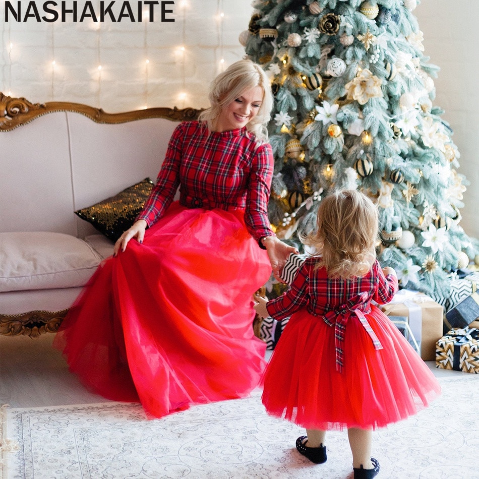 NASHAKAITE Mother Daughter Dresses Plaid Stitching Mesh Hem Long-sleeve Matching Dresses Autumn Winter Mommy and me clothes