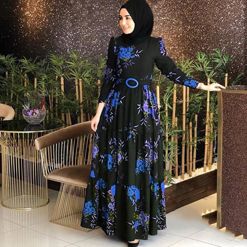 Oriente médio muçulmano ramadan feminino impresso fino respirável vestido arábia saudita árabe vestido islâmico omã étnica saia longa