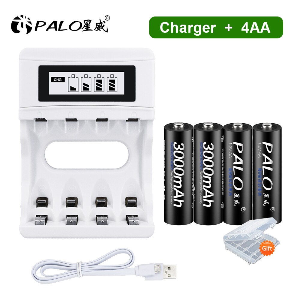 PALO AA Rechargeable battery aa 1.2v Ni-MH AA Batteries Rechargeable Battery 2A batteria for Led flashlight battery: 4AA and Charger