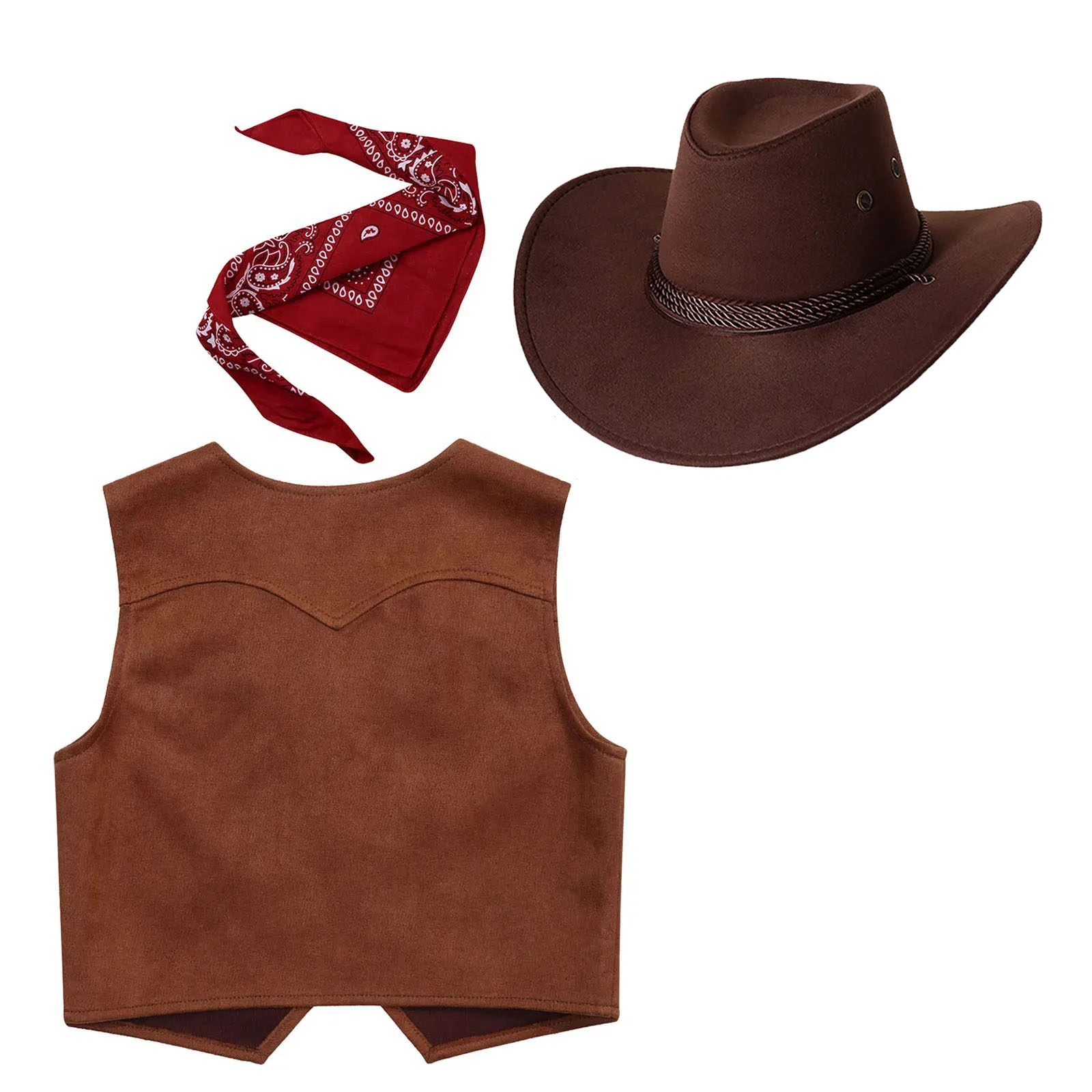 Wild West Cosplay Cowboy Cowgirl Costume Halloween Dress Up Clothes Fringe Sleeveless Vest with Bandanna Hat Set