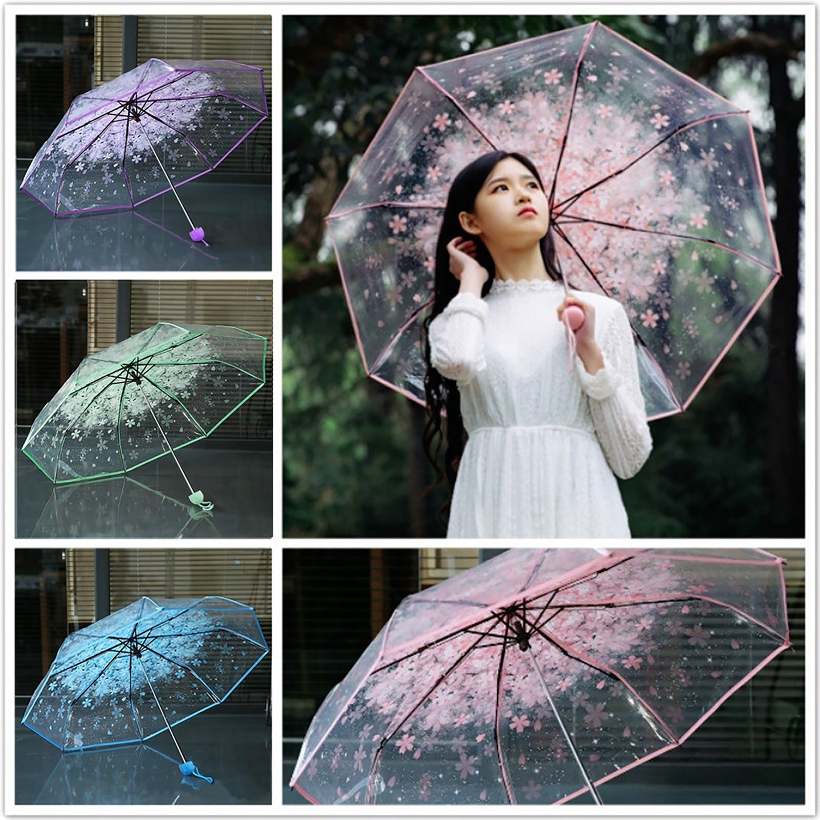 Transparent Clear Umbrella Cherry Blossom Mushroom Apollo Sakura 3 Fold Umbrella Protection Umbrella Kids Umbrella Tdh
