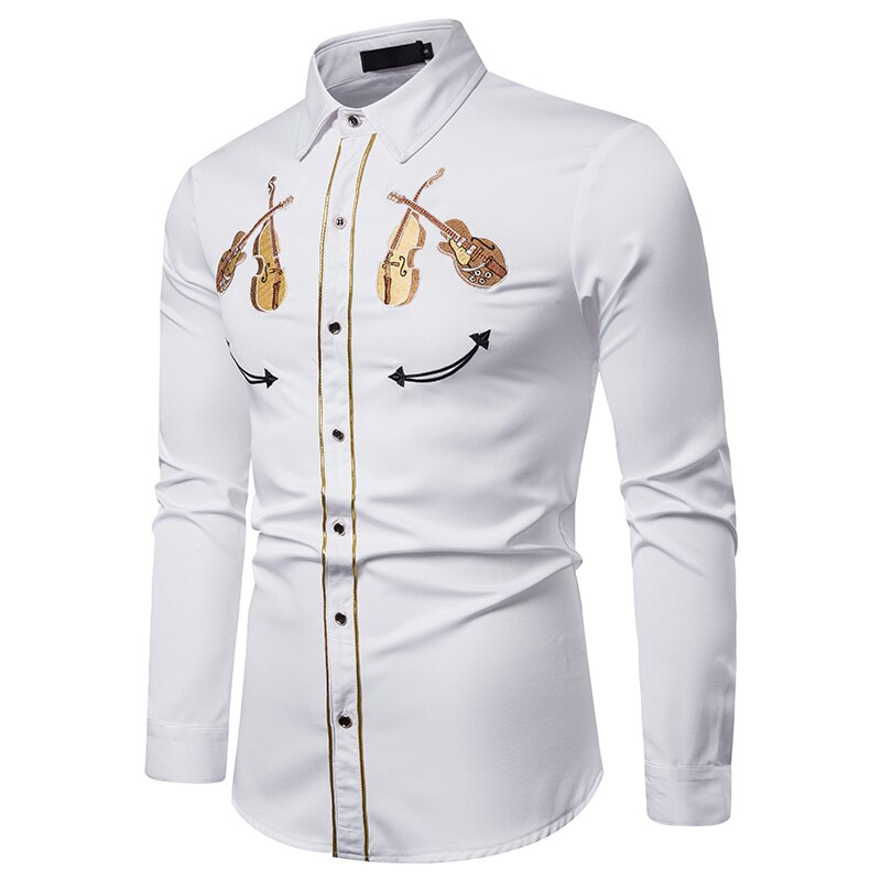 Mænds western cowboy violin broderi skjorte afslappet button down skjorter slim fit langærmede festskjorter personlighed: Hvid / L bryst 112cm