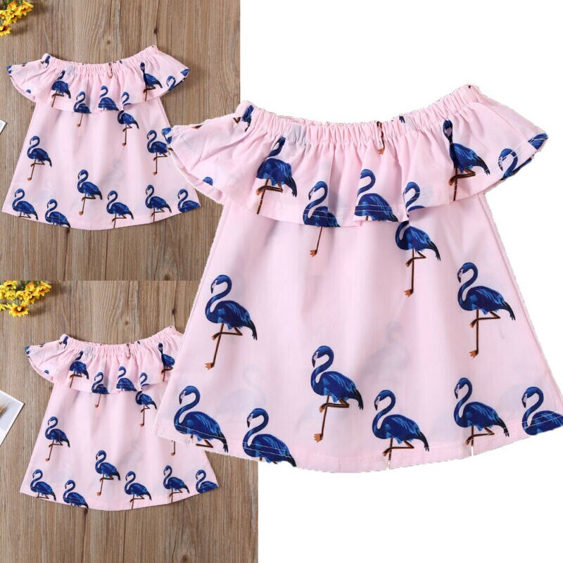 Crianças recém-nascidos do bebê meninas festa camiseta topos flamingo impresso vestido dos desenhos animados saia vestido de verão roupas topos