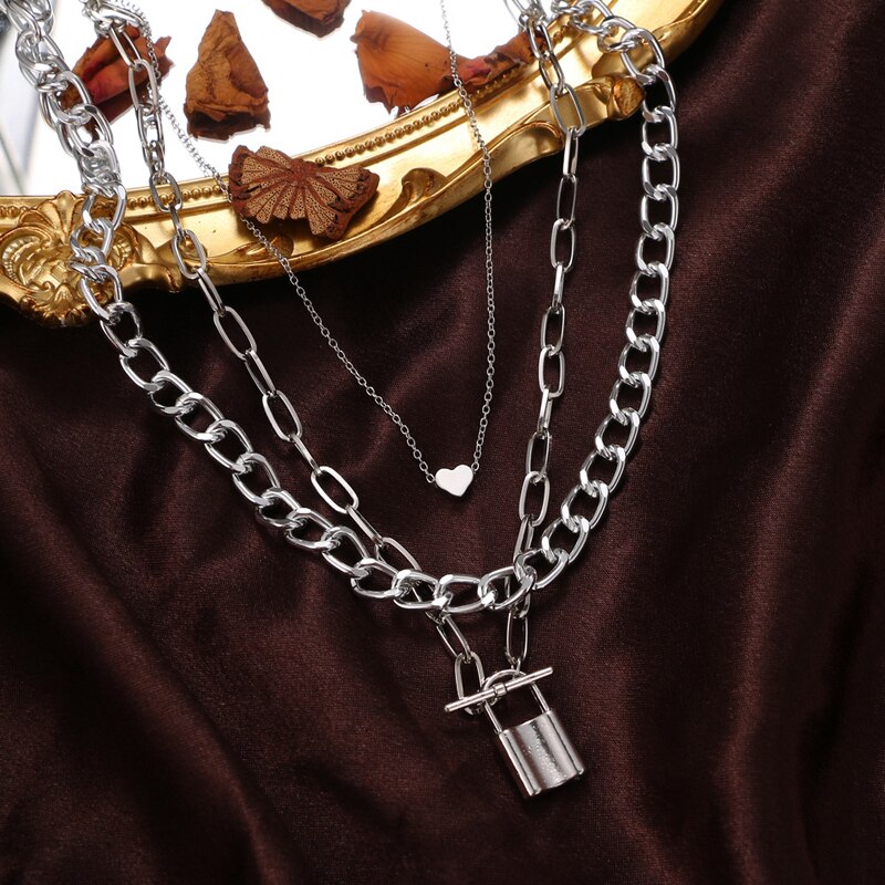 Punk Lock Liefde Hart Hanger Ketting Voor Vrouwen Mannen Multilayered Big Chunky Dikke Ketting Choker Gothtic Sieraden M6059