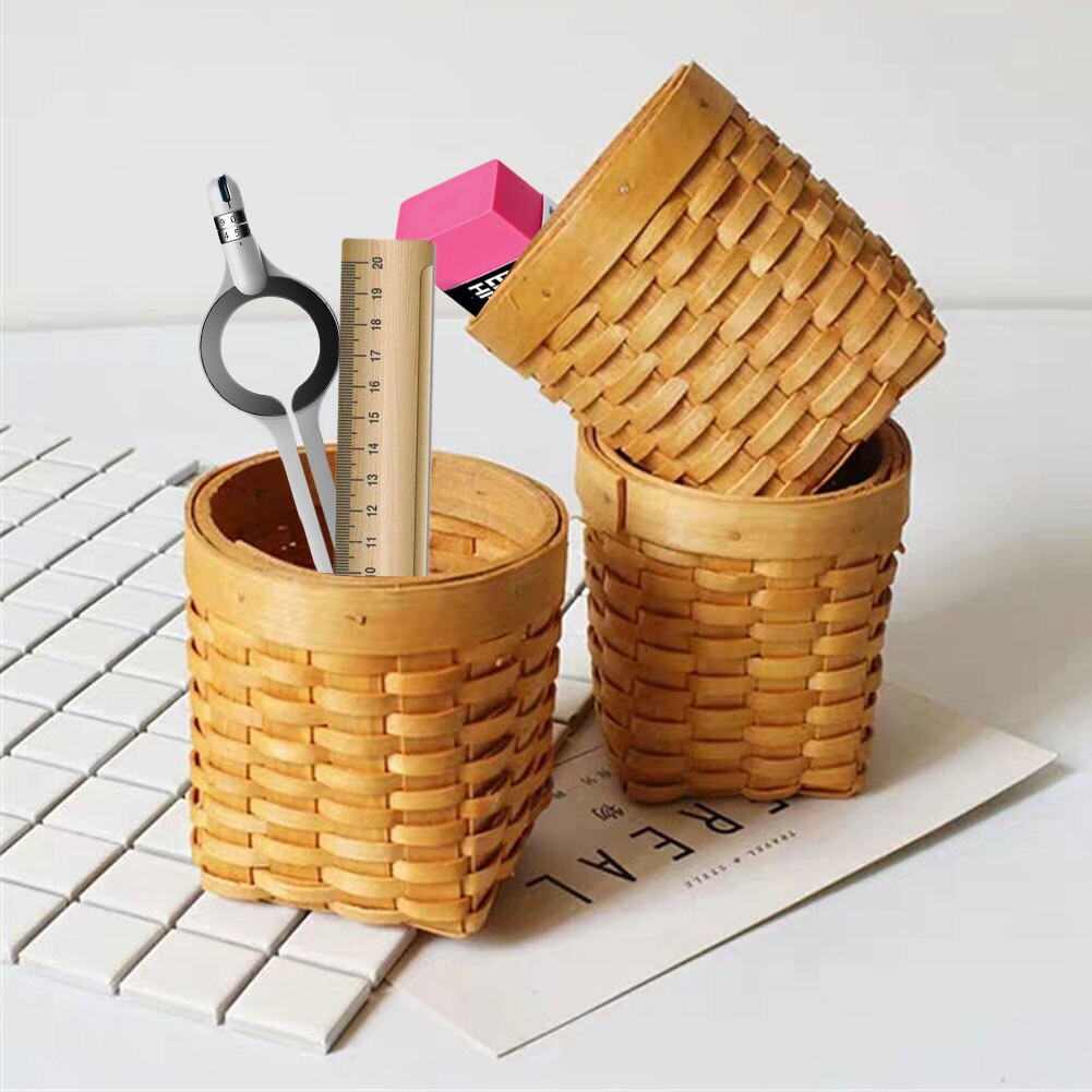 Pen Holder Hand-Woven Wood Pen Pencil Storage Box Desk Pen Cup Organizer for Small Objects