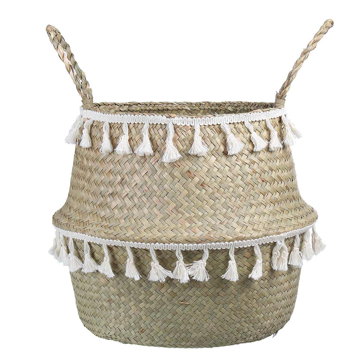 Panier de rangement pliable en osier avec pompon | Pot de fleurs naturel tissé à la maison, panier à linge: Natural Color / L 27x24cm
