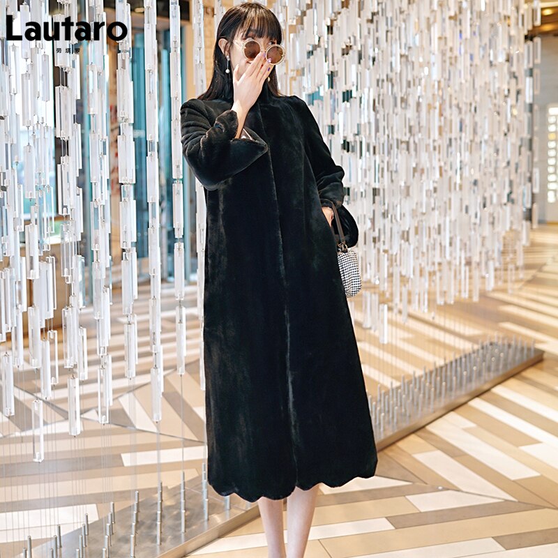 Lautaro winter lange zwarte imitatiebontjas voor dames met opstaande kraag en een dikke, warme, pluizige jas, plus size dameskleding