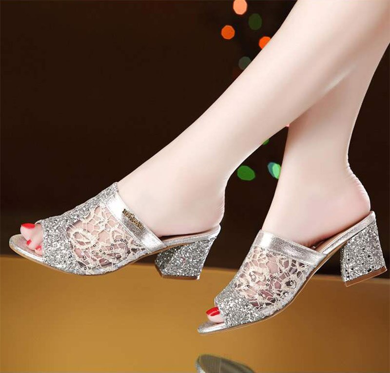 Plus size 34-43 kvinnor skor öppen tå höga klackar tofflor silver bröllopsskor broderi pumps kvinna sandaler zapatos mujer 6322n