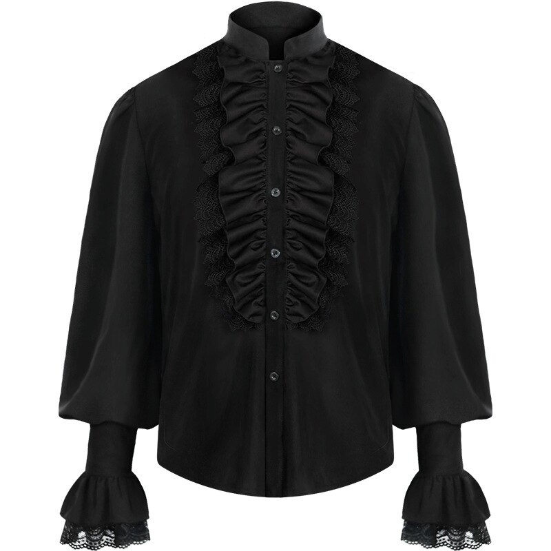 Mænd pirat skjorte vampyr renæssance viktoriansk steampunk gotisk flæsede middelalderlige halloween cosplay kostume tøj chemise toppe: Sort / L