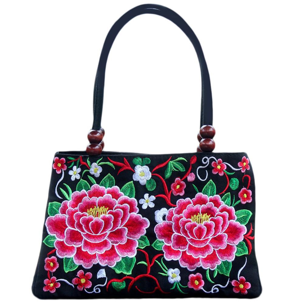 Women's Tote Bag - Floral Embroidered Canvas - Zipper Closure - Shoulder Top-Handle - Vintage Style: B