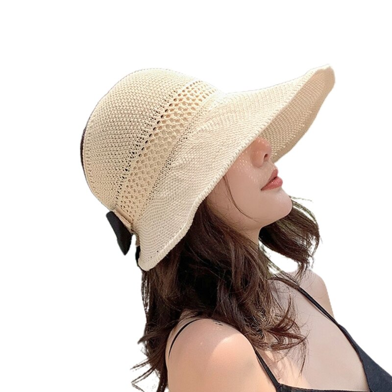 Visera de malla tejida para mujer, gorro de playa con lazo, Top abierto enrollable, ala ancha empaquetable, sombrero de protección solar UV de viaje para verano: Beige