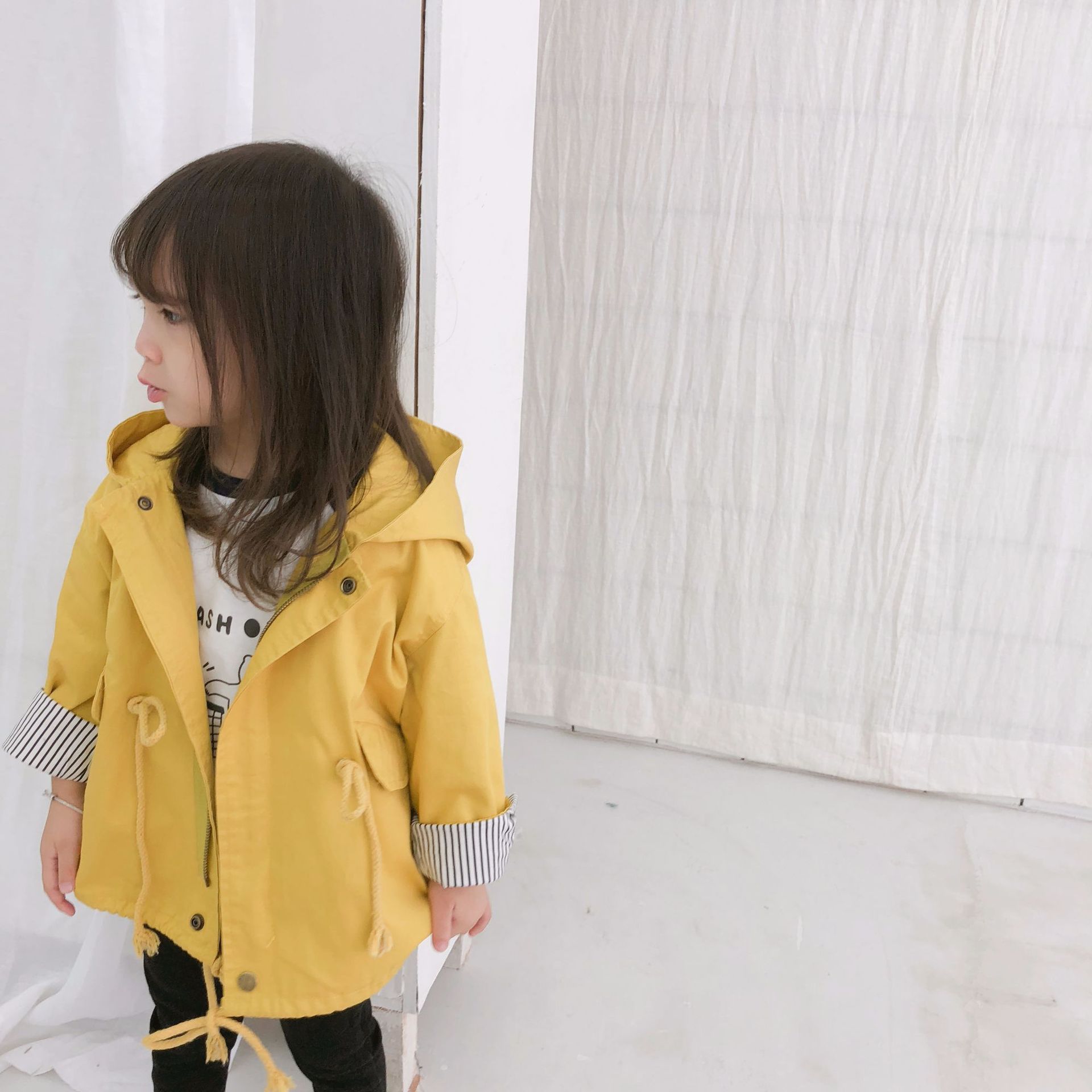 Børn trenchcoats til piger lange windbreaker børnetøj fall hooded børnetøj skoletøj gul 2-6y