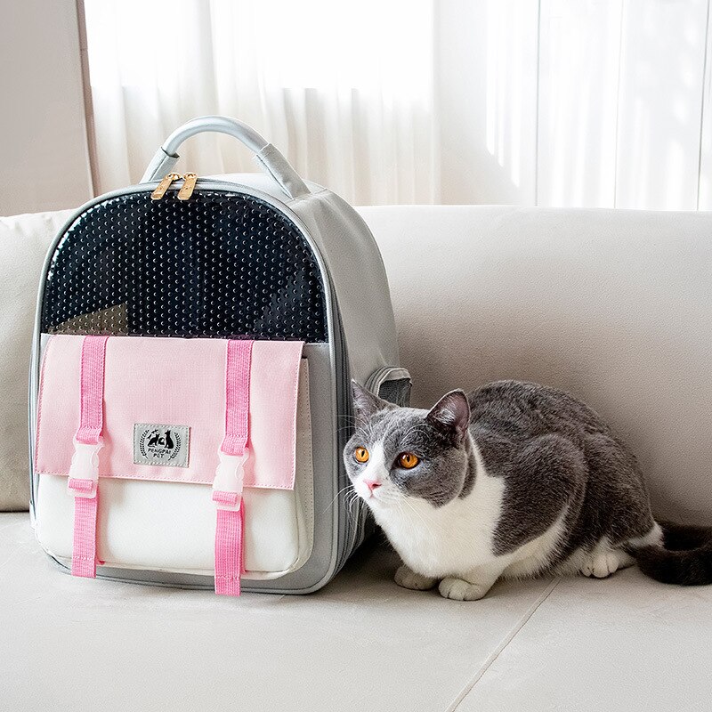Mochila transpirable para transportar gatos y mascotas, bolsa de transporte plegable de gran capacidad, portátil, para viajes al aire libre: Rosa