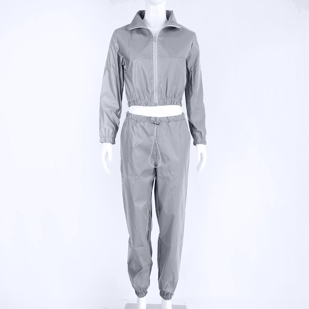 2 Piece Women Tracksuits Set Reflective Jacket and Long Pants Ladies Loose Zipper Shine Sweatsuit Outfits Sets: Set / S