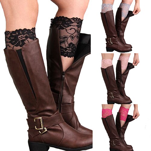 Women Girls Stretch Flower Lace Trim Boot Cuffs Leg Warmers Top Socks