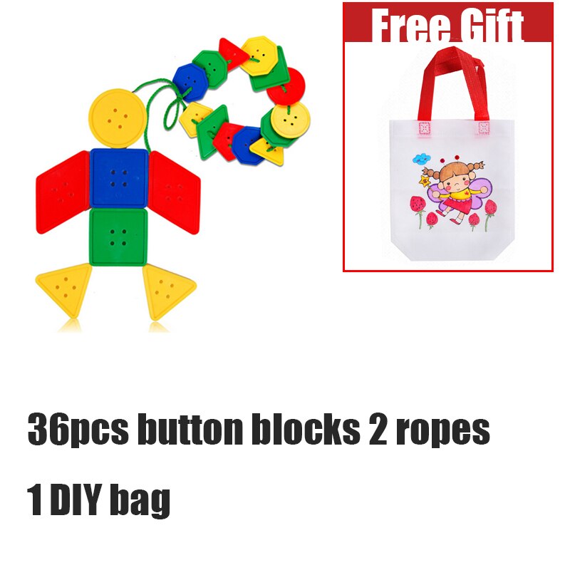 Early Learning Geometric Blocks Threading Buttons 26pcs/SET Wooden Animal Fruit Block stringing beaded Toys WYW: 35Button 2Rope 1bag