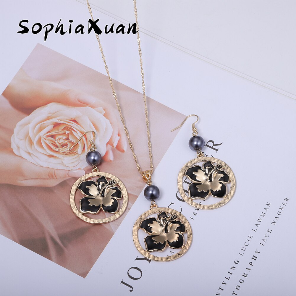 SophiaXuan Schmuck setzt Hibiskus Blumen Perle Halskette einstellen hawaiisch Polynesian Gold Überzogene Halskette setzt für Frauen