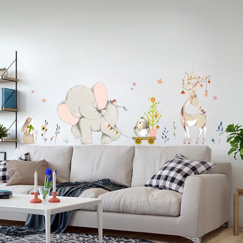 Tegneserie elefant dyr væg klistermærke til børneværelse boligindretning baseboard stor kunst væg klistermærke til børnehave baby værelse plakat