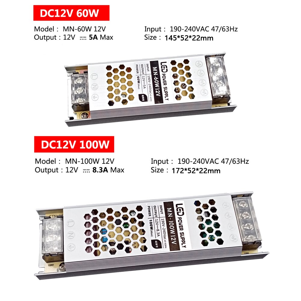 Ultra fino led fonte de alimentação dc 12v 24v 60w 100 150 200 300 transformadores ac 220v 12v 24v fonte de alimentação led driver led tira