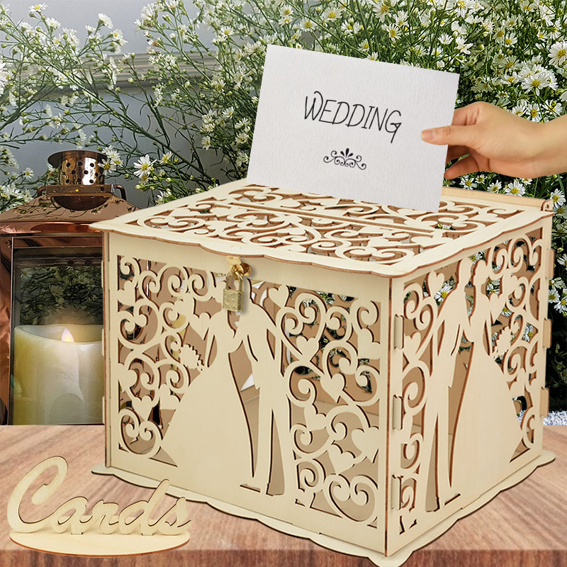 Wooden Wedding Card Boxes Wedding Guestbook Greeting Card Message Letter Storage Box for Mr Mrs Bride Groom