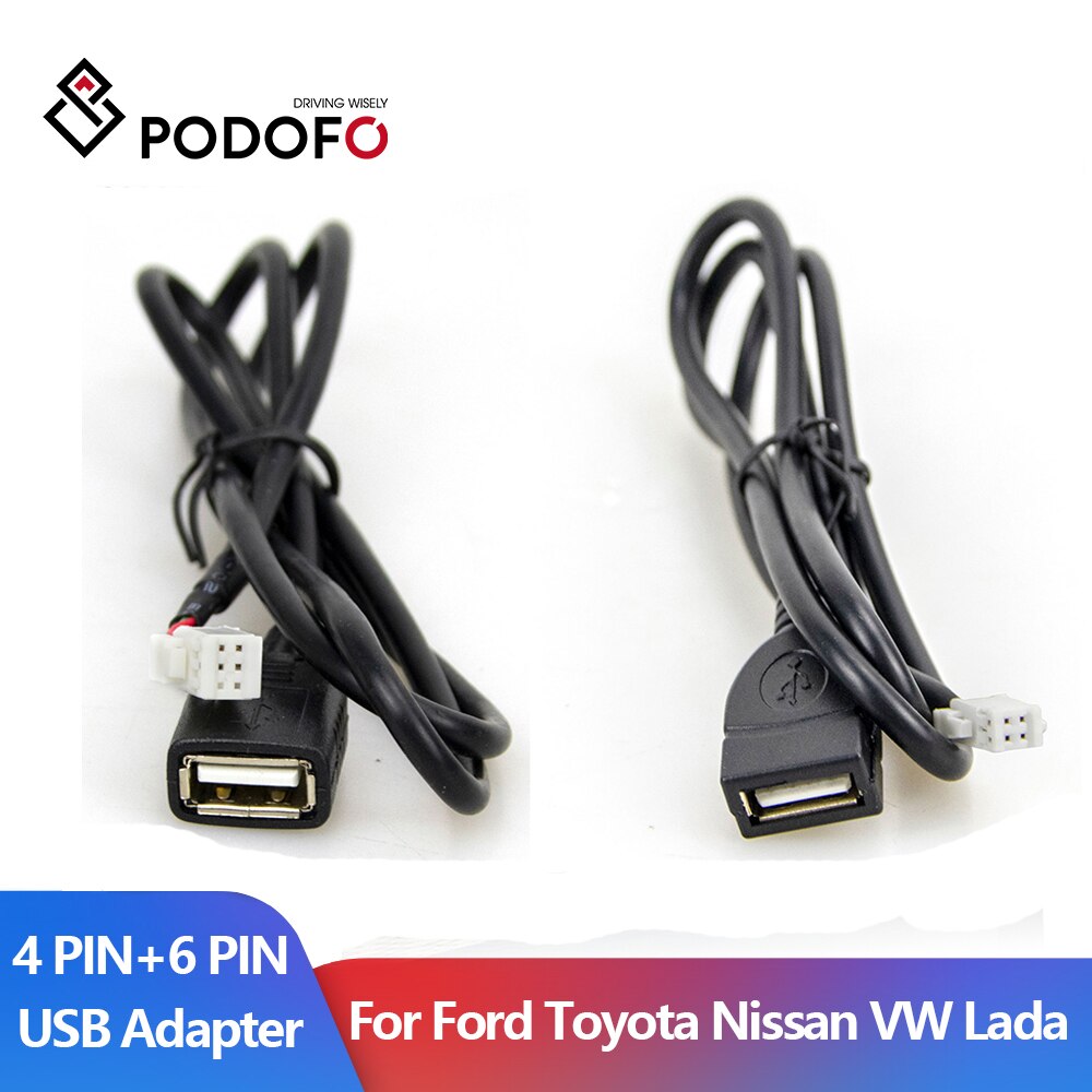 Podofo USB2.0 4Pin 6PIN USB Adapter Android Car Radio Data Charge Cable Adapter For Ford Toyota Nissan Volkswagen Skoda Lada