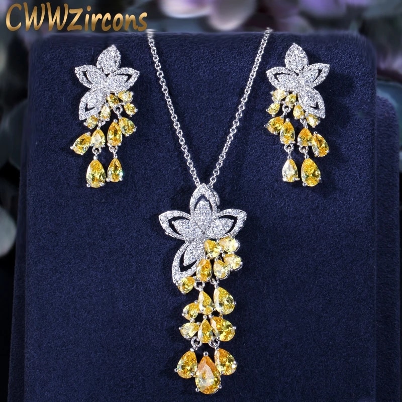 CWWZircons Cubic Zirconia Tassel Flower Earrings and Pendant Necklace Ladies Jewelry Sets T334