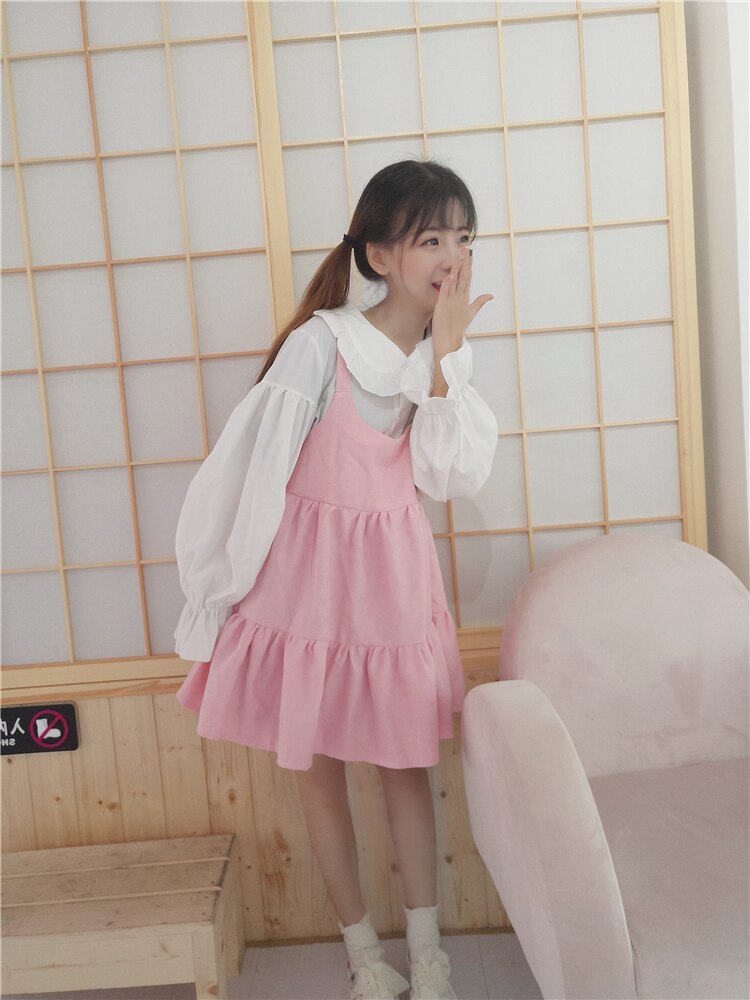 Vestido lolita, dulce y lindo, estilo kawaii, para niñas, estilo princesa, sirvienta, falda vintage con volantes, mangas abullonadas, falda roja, negra y rosa para mujer, cuello redondo.